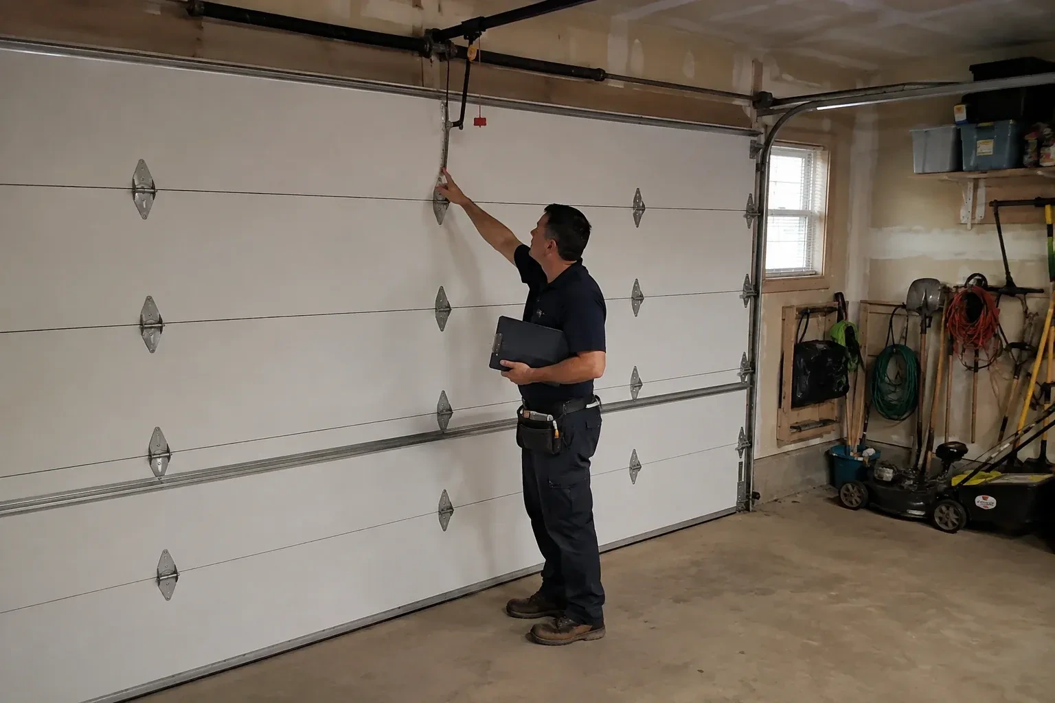 A person holding a clipboard examines the interior hardware of a closed garage door. — Garage Door Tune-Up, Niagara Falls