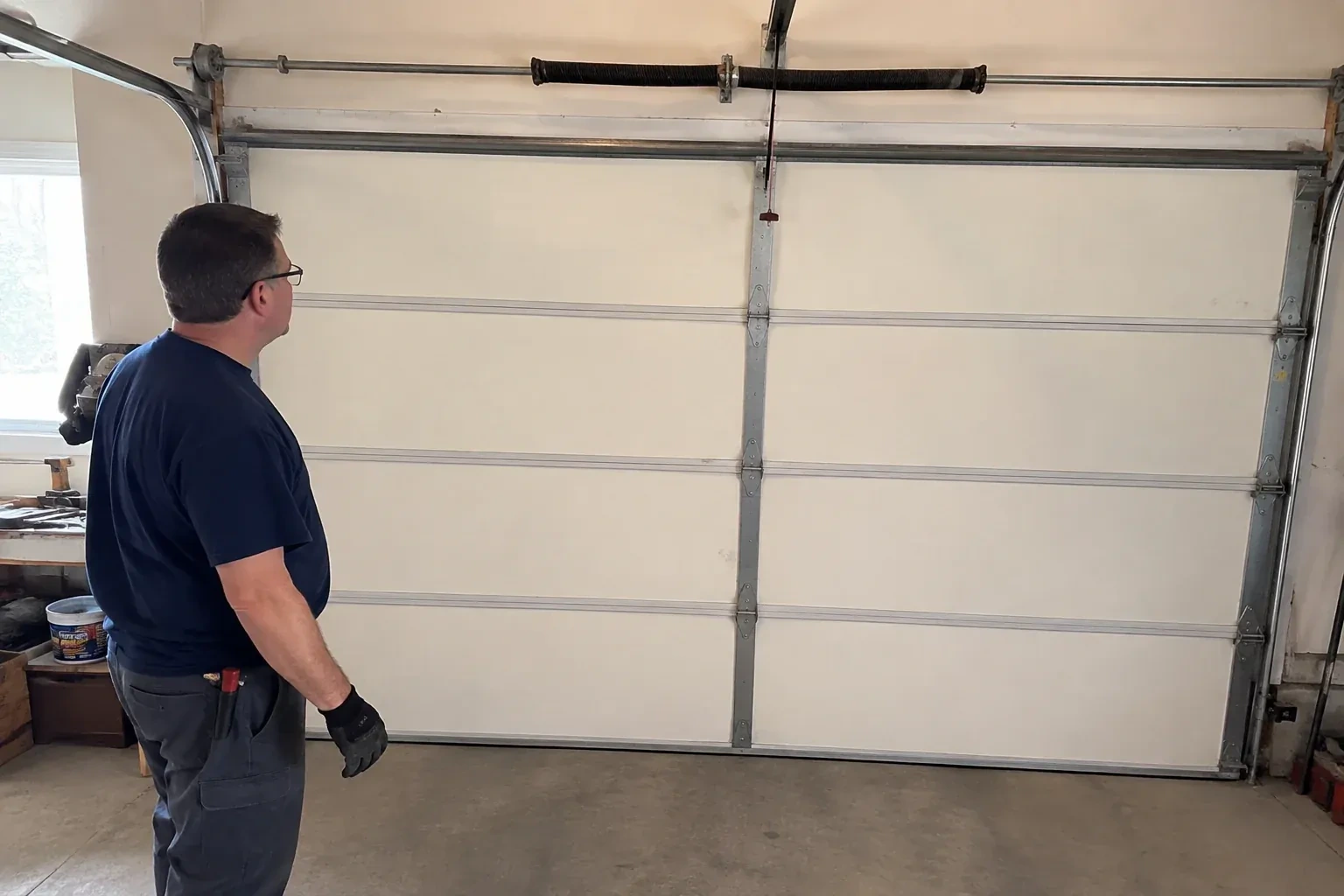 Person in a dark shirt standing before a closed cream sectional door, looking up at a coiled spring and red-tipped cord. — Off-Track Garage Door Reset, Niagara Falls