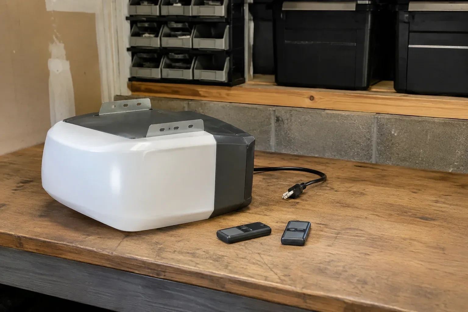Detached opener housing and two remotes on a garage bench. — Garage Door Opener Replacement, Niagara Falls