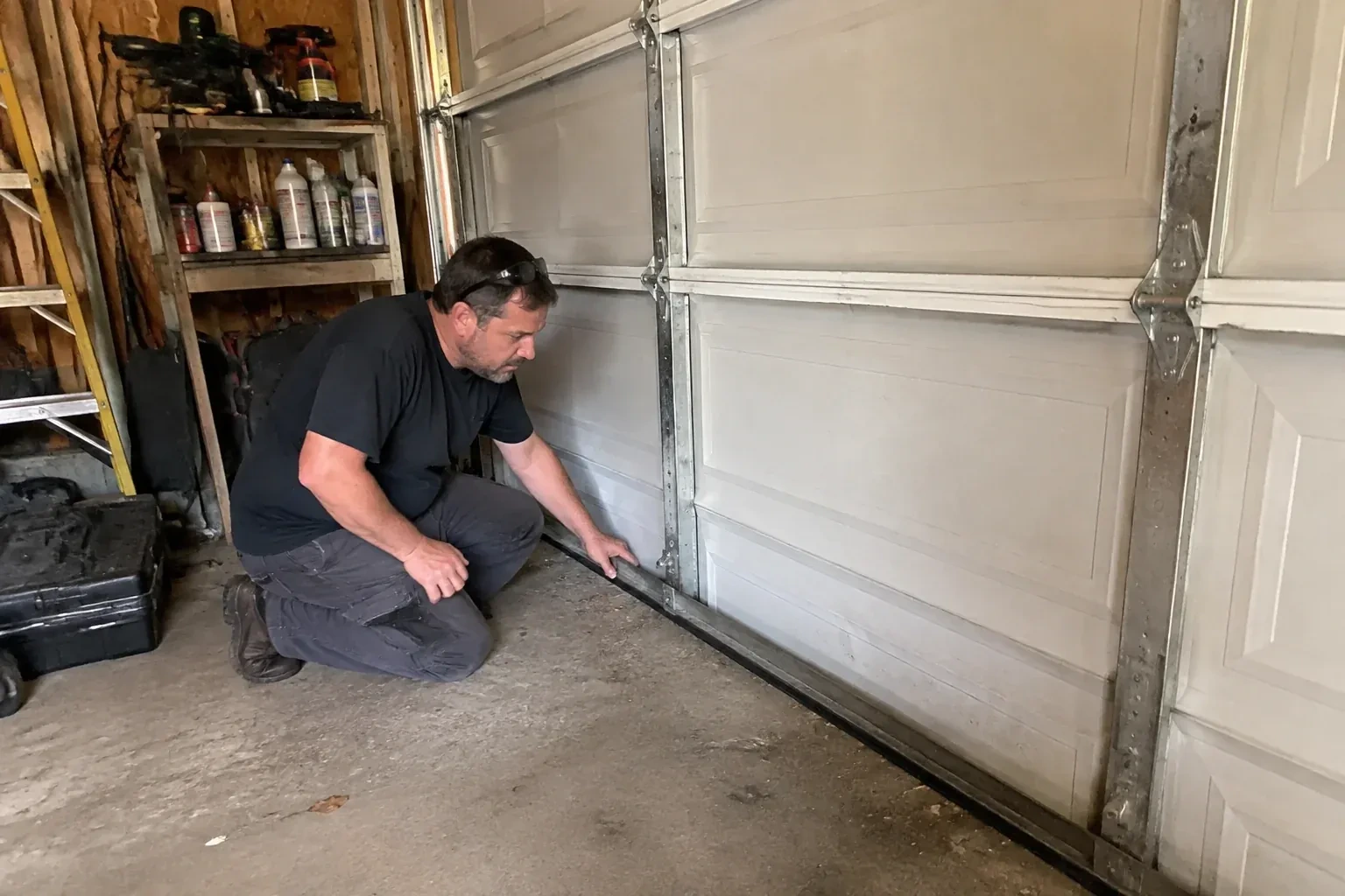 Person kneeling by a white paneled door in a garage, one hand on the black seal along its bottom edge. — Garage Door Roller Replacement, Niagara Falls