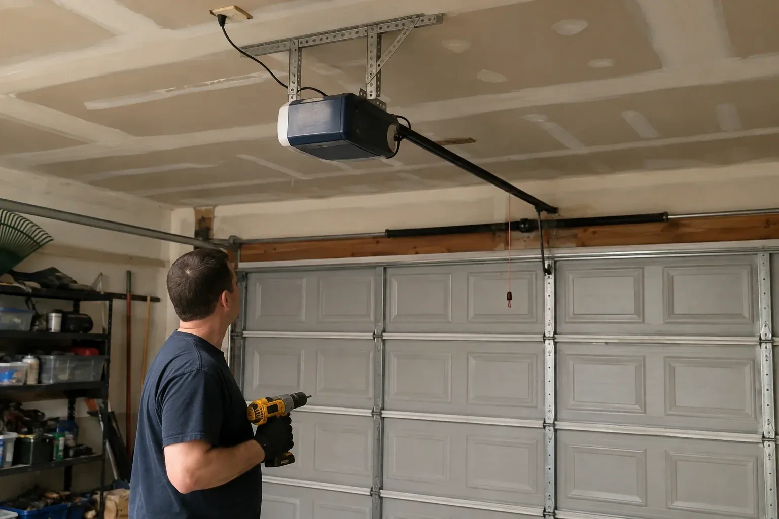 Person holding a yellow drill and looking up at a blue and white opener above a gray paneled garage door. — Chain-Drive Opener Repair, Niagara Falls