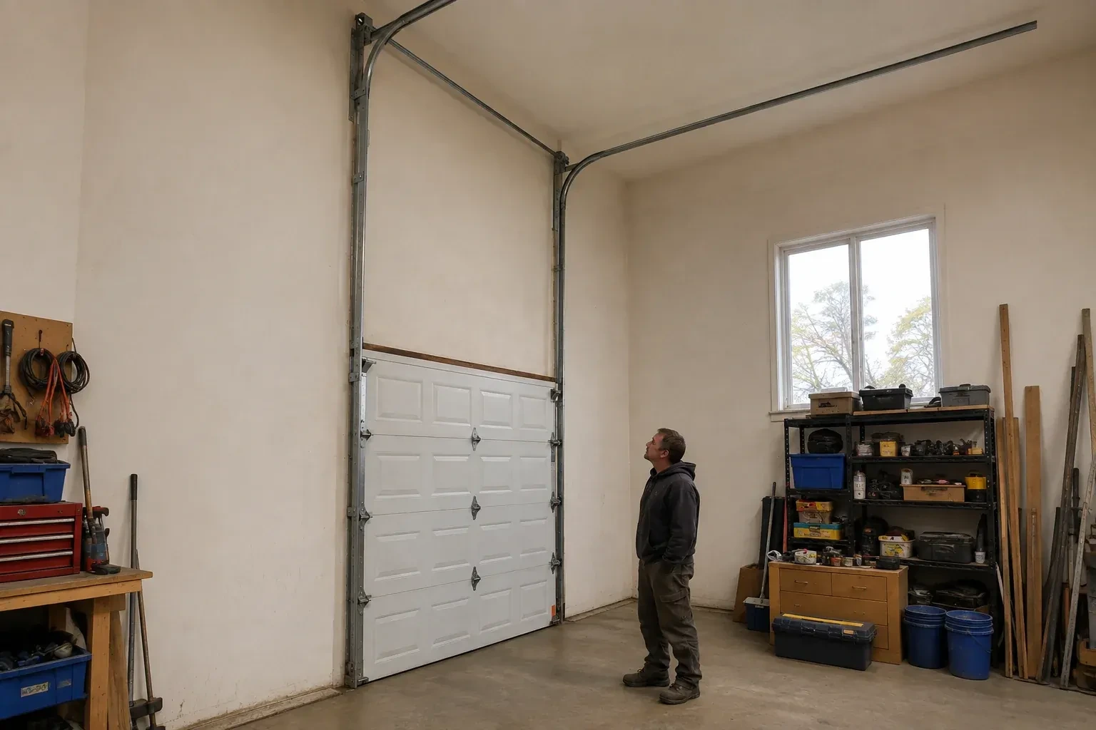 Vertical tracks extend above a closed garage door before curving near a high ceiling, while a person looks upward. — High-Lift Garage Door Conversion, Niagara Falls