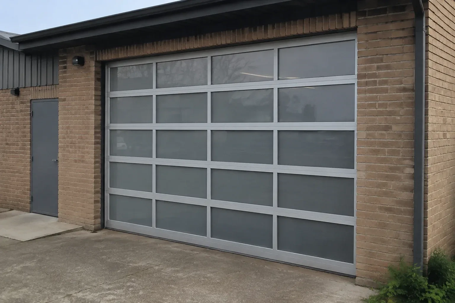 Closed glazed sectional door in a grey metal frame at a brick workshop. — Full-View Glass Garage Door Installation, Niagara Falls