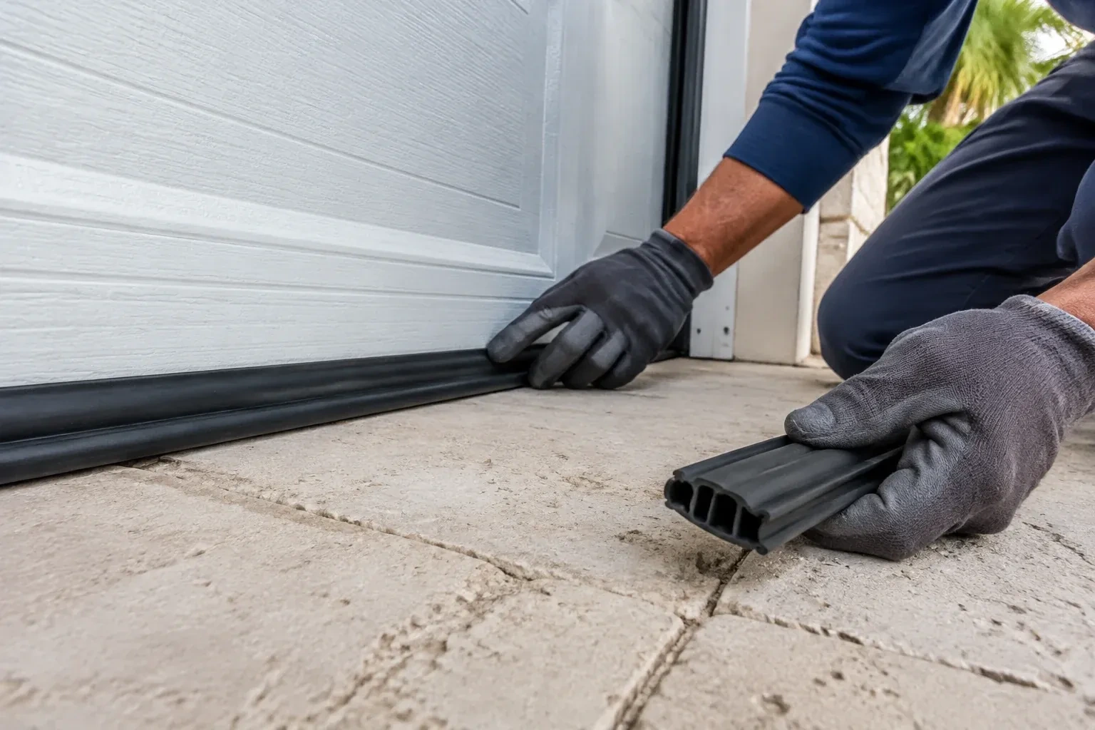 Gloved hands setting a black rubber seal along the base of a white garage door, holding a ribbed strip over paving stones. — Garage Door Bottom Seal Replacement, Drummond Heights