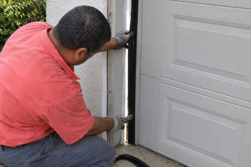 Gloved person holding a black strip along the side of a sectional garage-door opening — Garage Door Perimeter Weatherstrip, Niagara Falls