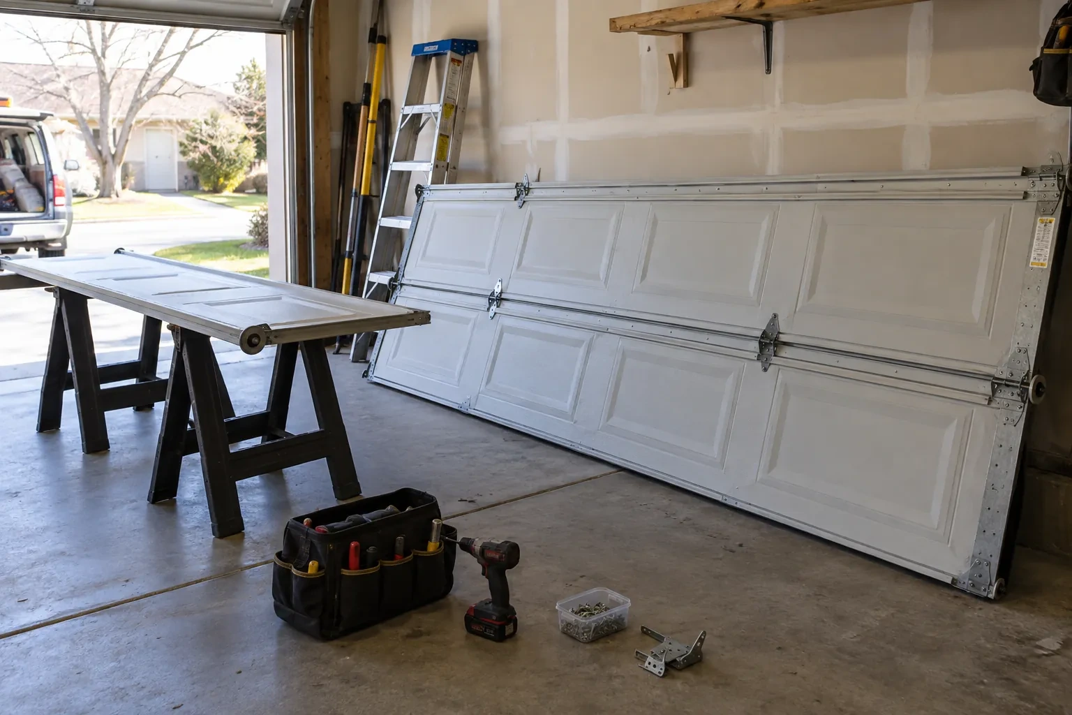 Paneled garage door leaning on its side against a wall, with one section on sawhorses and a tool bag on the floor. — Falls View