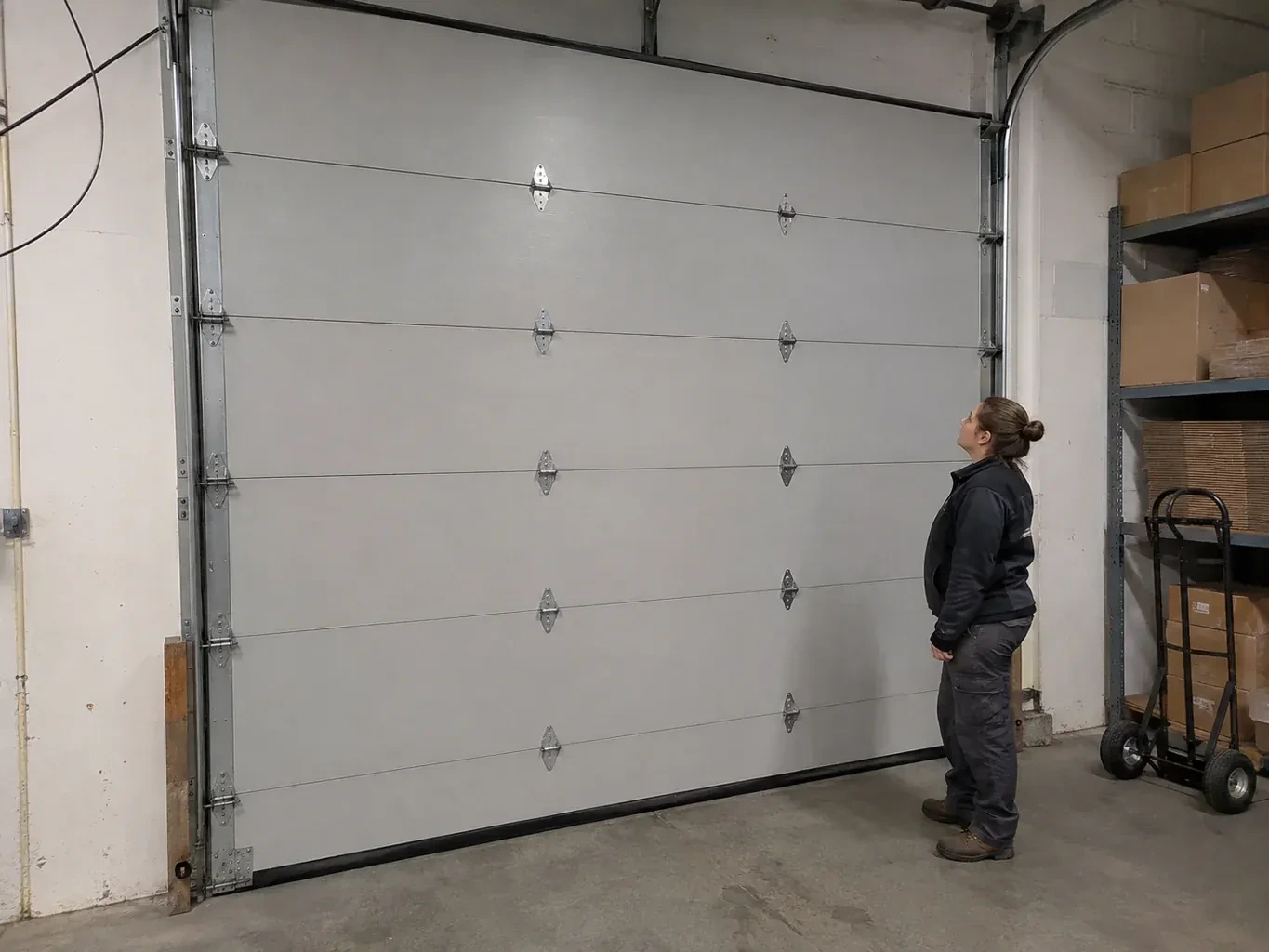 A person looks at a tall closed sectional door with broad panels, hinges and side tracks in a warehouse. — Commercial Sectional Door Repair, Niagara Falls