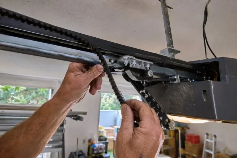 Hands holding a loose toothed belt beside the rail and trolley of an overhead garage-door opener. — Belt-Drive Opener Repair, Niagara Falls