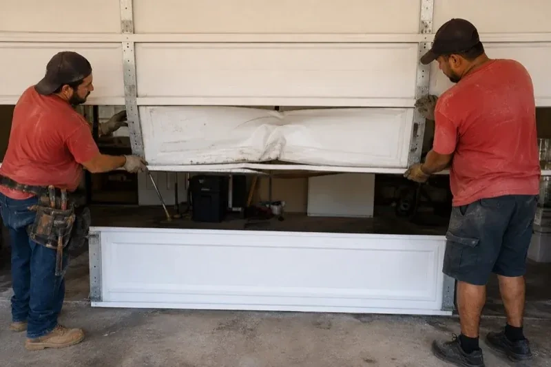 Two people holding a dented lower garage-door section above a separate white panel resting on the ground. — Garage Door Panel Replacement, Chippawa