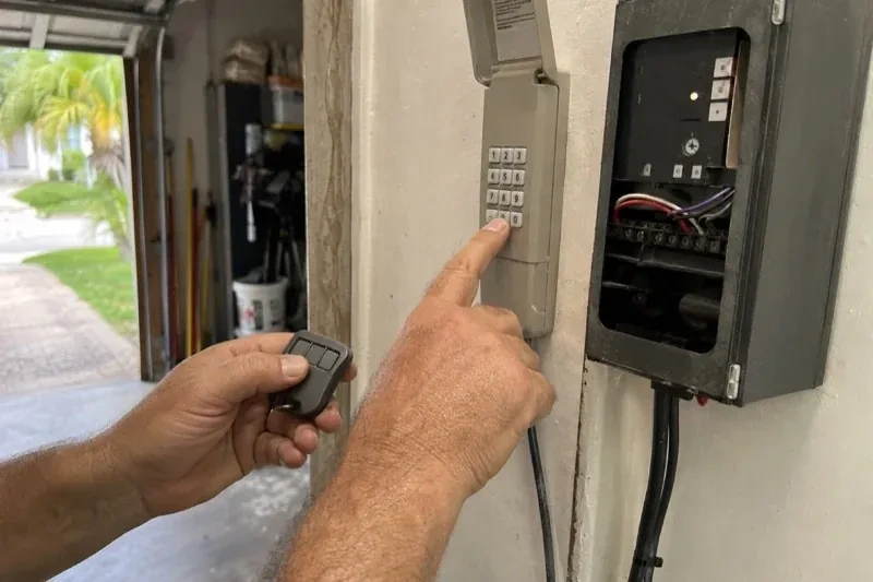 Hands holding a small remote and pressing a wall-mounted keypad beside an open control box with visible wiring. — Garage Door Remote and Keypad Programming, Niagara Falls