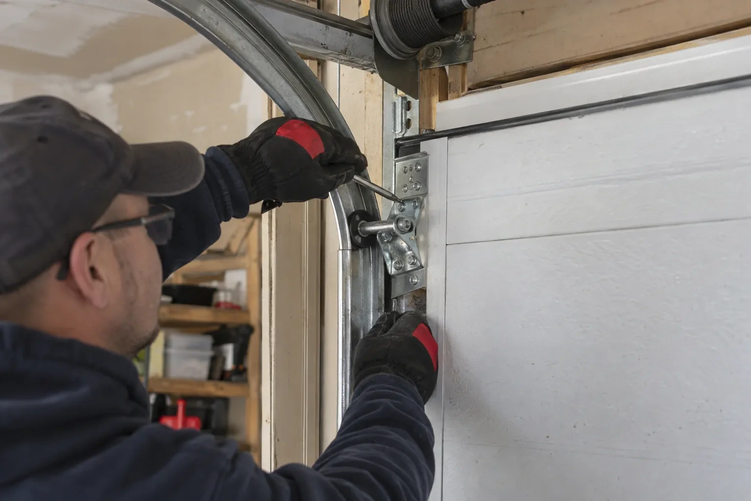 Hands in red-and-black gloves holding a screwdriver at a hinge bracket on a white door beside the curved track. — Drummond Heights