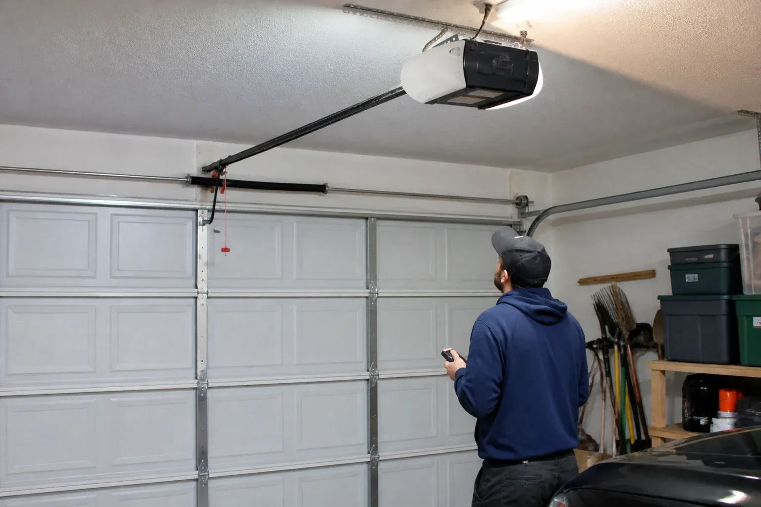 A person holding a remote looks toward an overhead garage-door opener and rail. — Garage Door Opener Diagnosis and Repair, Niagara Falls