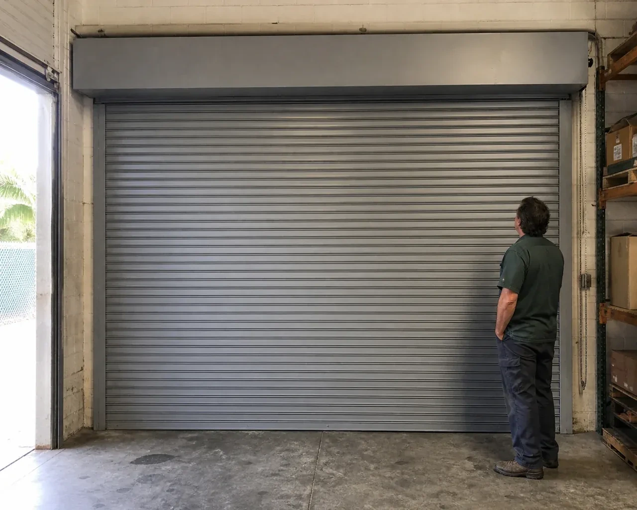 A person examines a closed metal rolling door with narrow horizontal slats, side guides and an overhead hood in a warehouse. — Commercial Rolling Door Repair, Niagara Falls