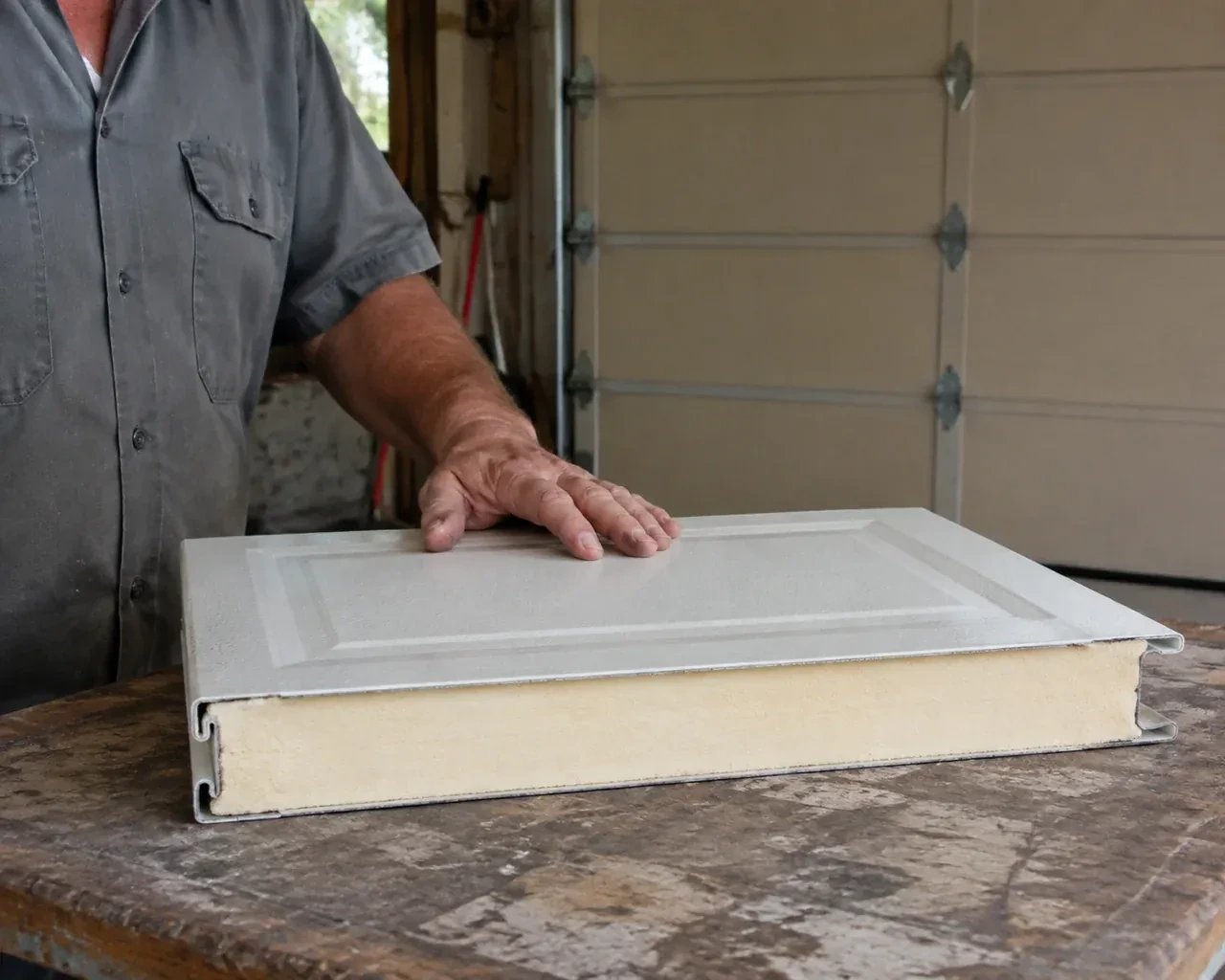 A panel sample exposes a cream foam core between thin metal faces on a garage workbench. — Insulated Steel Garage Door Installation, Niagara Falls