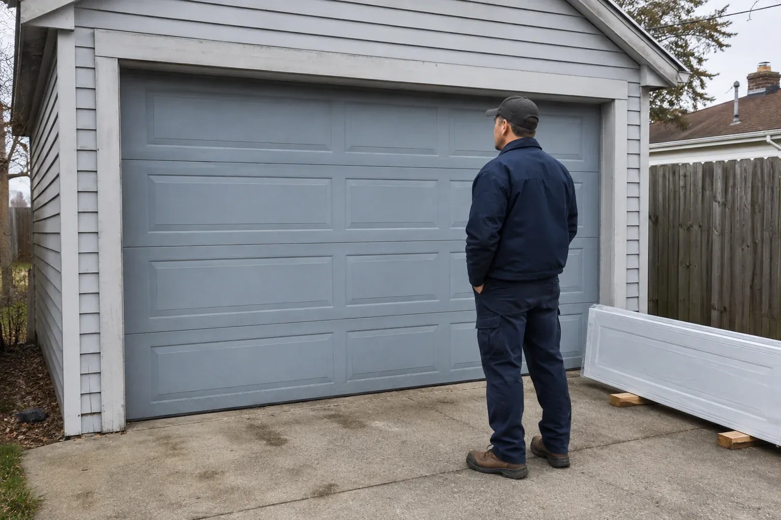A person examines a blue-grey sectional garage door with a packaged door panel resting beside the driveway. — Sectional Garage Door Replacement, Niagara Falls