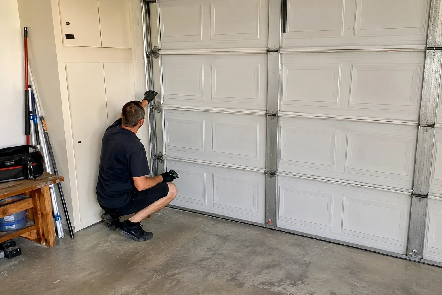 A person kneels beside the side track and hinges of a closed sectional garage door. — Garage Door Safety Inspection, Niagara Falls