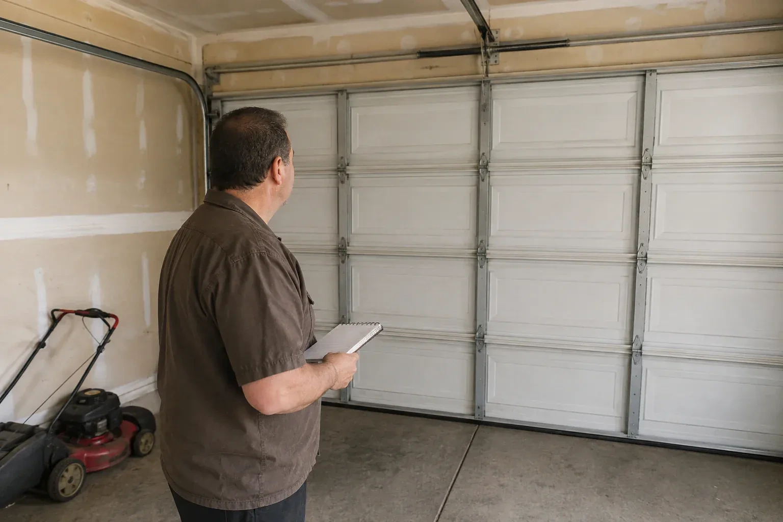 Technician holding a notebook while looking at a closed sectional door. — Garage Door Balance Adjustment, Niagara Falls