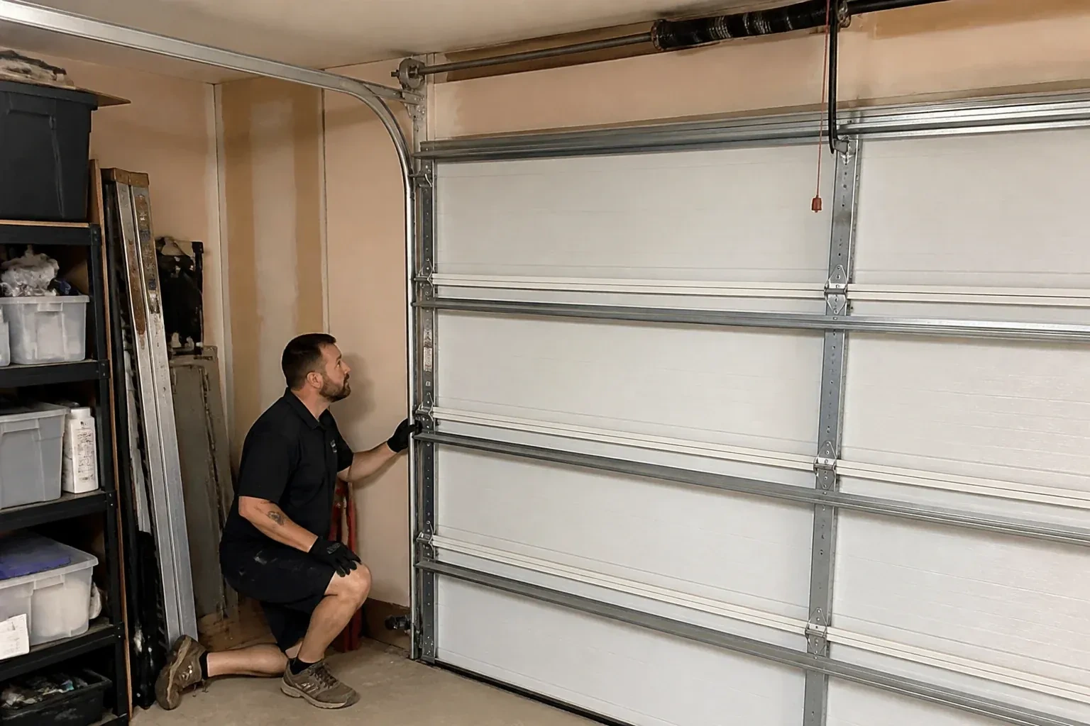 A person examines the vertical side track of a closed garage door. — Garage Door Track Repair or Replacement, Drummond Heights