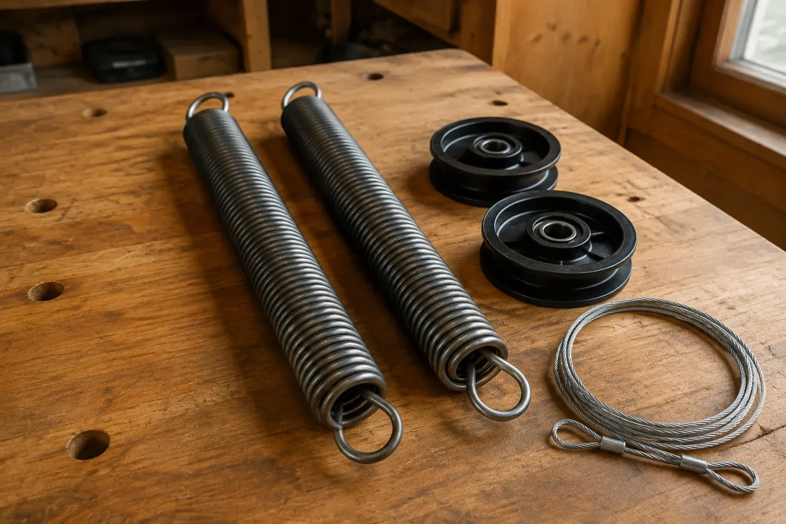 Two coiled extension springs with looped ends, two black pulleys and a loop of steel cable on a worn wooden workbench. — Extension Spring Replacement, Niagara Falls