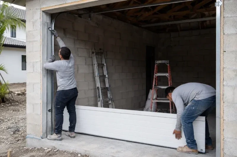 Two people positioning a white garage-door panel and side track in an unfinished masonry garage. — New-Construction Garage Door Installation, Niagara Falls